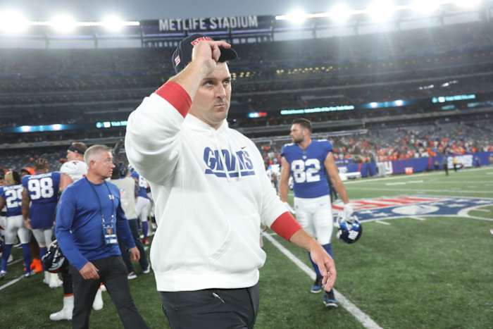 Head Coach Joe Judge walks off the field aye the end of the game as the Denver Broncos came to MetLife Stadium in East Rutherford, NJ and beat the New York Giants 27-13 in the first game of the 2021 season on September 12, 2021.